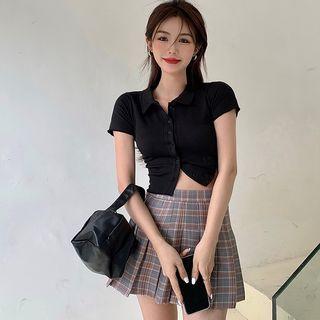 Pleated Mini Skirt / Short-sleeve Crop Shirt