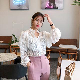 Mandarin-collar Ruffled Sheer Lace Blouse