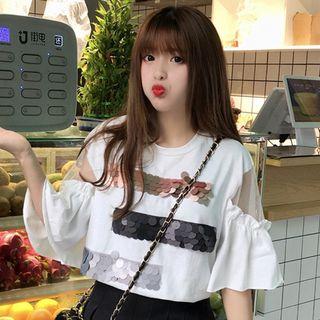 Elbow-sleeve Cold Shoulder Sequined Top