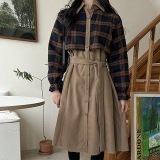 Plus Size Plaid-capelet Shirtdress With Sash
