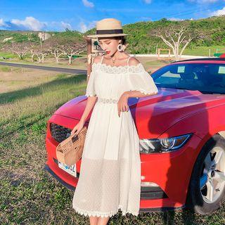 Cutout-shoulder Lace Embroidered Midi Dress