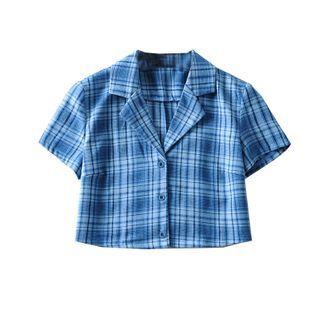 Plaid Notch Lapel Short-sleeve Cropped Shirt