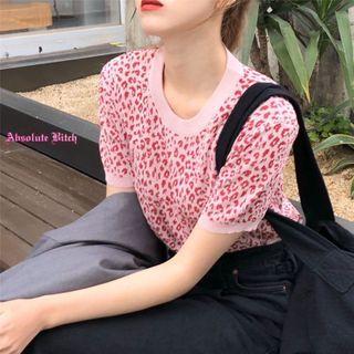 Leopard Print Short-sleeve Knit Top Leopard - Pink - One Size