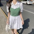Set: Puff-sleeve Henley Mini Shirt Dress + Chain Strap Camisole Top