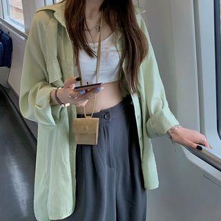Long-sleeve Plain Loose Fit Shirt Light Green - One Size