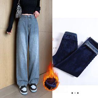 High-waist Fleece-lined Wide-leg Jeans (various Designs)