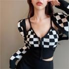 Checkerboard Zipper Camisole Top / Light Cardigan