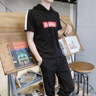 Set: Lettering Hooded Short-sleeve T-shirt + Capri Sweatpants