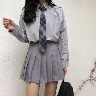 Long-sleeve Shirt With Tie / Mini Pleated Shirt