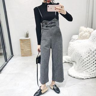 Set: Mock-neck Knit Top + Plaid Wide-leg Jumper Pants