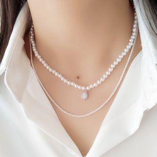 Rhinestone Pendant Faux Pearl Choker / Alloy Necklace