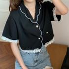 Short-sleeve Lace Trim Shirt Black - One Size
