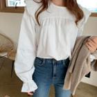 Frilled-trim Shirred Loose-fit Blouse Ivory - One Size