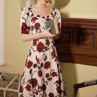 Short-sleeve Floral Midi A-line Dress / Spaghetti-strap Midi Dress