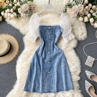 Mesh Panel Short-sleeve Denim Mini A-line Dress