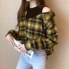 Long Sleeve Cut Out Shoulder Plaid Shirt