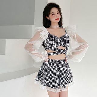 Set: Long-sleeve Houndstooth Tankini Top + Swim Skirt