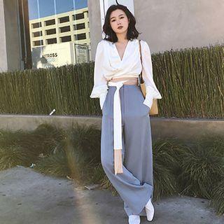 Set: Long-sleeve Wrap Top + Wide-leg Pants