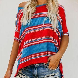 Short-sleeve One-shoulder Striped T-shirt