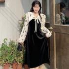 Mock Two-piece Long-sleeve Peter Pan-collar Velvet Midi Dress