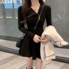 Zip Detail Long-sleeve A-line Dress Black - One Size