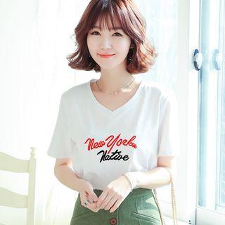 Short-sleeve V-neck Lettering Printed T-shirt