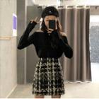 Plaid A-line Skirt / Cold Shoulder Knit Top