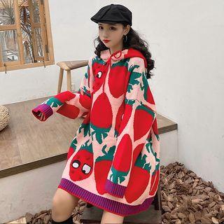 Strawberry Jacquard Hooded Sweater Pink - One Size