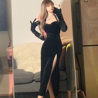 Set: Halter-neck Midi A-line Velvet Dress + Arm Sleeves