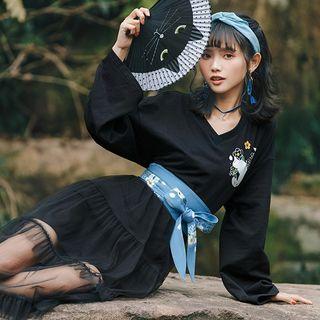 Cat Print Mesh Panel Tie-waist Dress