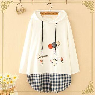 Penguin Embroidered Plaid Panel Hoodie