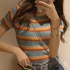 Short-sleeve Rainbow Stripe Knit Top Rainbow - One Size