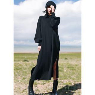 Lantern-sleeve Slit Midi Sheath Sweater Dress
