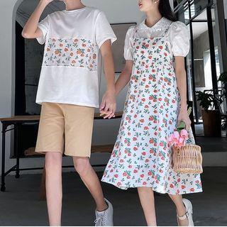 Couple Matching Puff-sleeve Top / T-shirt / Floral Midi A-line Dress / Shorts / Set
