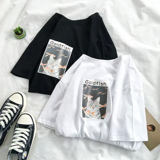 Elbow-sleeve Cat Graphic T-shirt