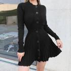 Long-sleeve Mini A-line Pleated Knit Dress