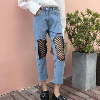 Fishnet Panel Distressed Straight Cut Jeans