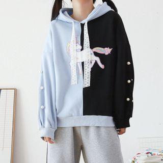 Two-tone Unicorn Print Faux Pearl Hoodie