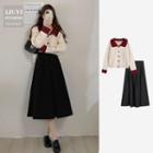 Two-tone Collar Cardigan / Midi A-line Skirt / Set