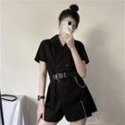 Short-sleeve Double-breasted Shirtdress / Faux Leather Belt