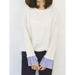 Stripe-trim Faux-pearl Long Sleeve Top