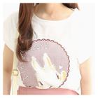 Cuff-sleeve Rabbit Print T-shirt