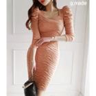 Square-neck Puff-shoulder Crinkled Dress