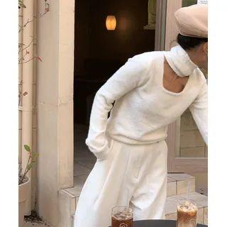 Cutout Turtleneck Furry Top Ivory - One Size