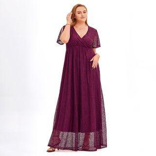 Plus Size Lace Panel Short-sleeve Maxi A-line Dress