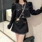 Puff Sleeve Stitch Blazer / A-line Mini Skirt