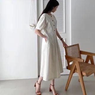 Button-placket Midi Flare Dress Beige - One Size