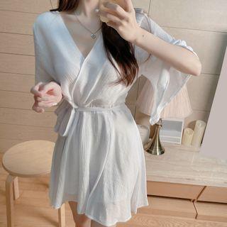 Plain Elbow-sleeve Tie-waist Mini A-line Dress