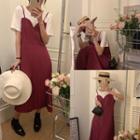 Short-sleeve Mock Two-piece Accordion Pleat Midi Dress Dark Pink - One Size