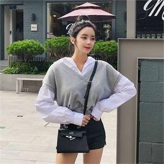 Inset Cap-sleeve Top Long-sleeve Shirt